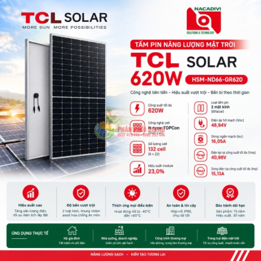 Tấm pin năng lượng mặt trời TCL  Solar 620W 2 mặt kính – HSM-ND66 GR620