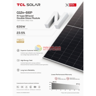 Tấm pin năng lượng mặt trời TCL  Solar 630W 2 mặt kính – HSM-ND66 GR630